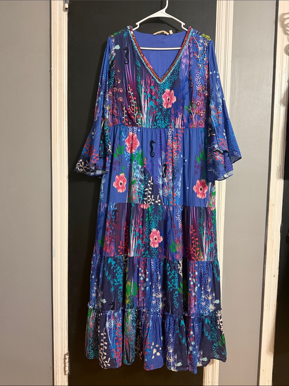 Coldwater Creek Floral Underwater Maxi Dress 3/4 Sleeves Pockets Size: M